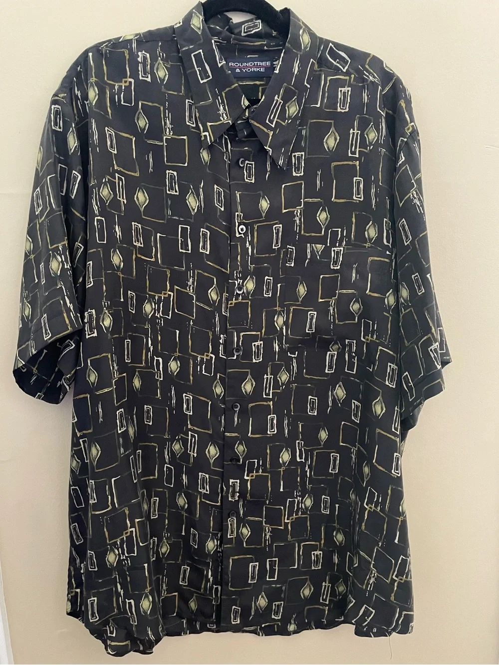 Roundtree & Yorke 100% Silk Abstract Geometric Shirt Black Gold Men’s 2XLT Tall